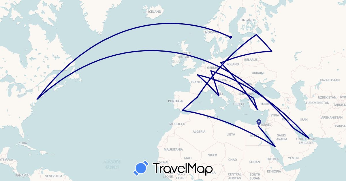 TravelMap itinerary: driving in United Arab Emirates, Germany, Egypt, Spain, France, Italy, Kuwait, Russia, Saudi Arabia, Sweden, Turkey, United States (Africa, Asia, Europe, North America)
